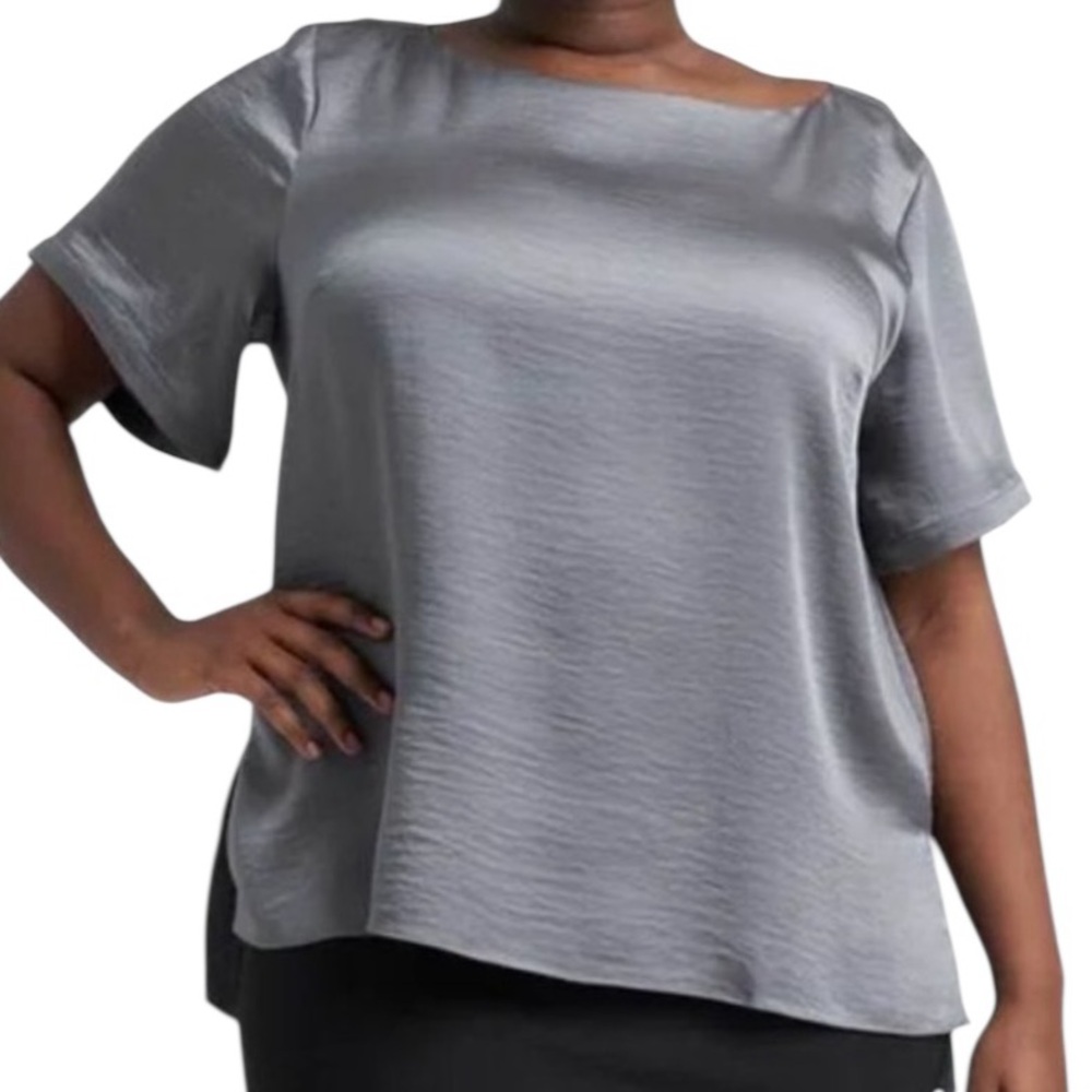Universal Standard "Alice"  Grey Satin Look Boatneck Short Sleeve Blouse 10/12
